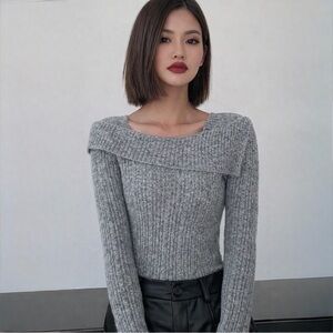 Dazy Ribbed Off Shoulder Knit Sweater Grey Fitted Minimalist Top Size S